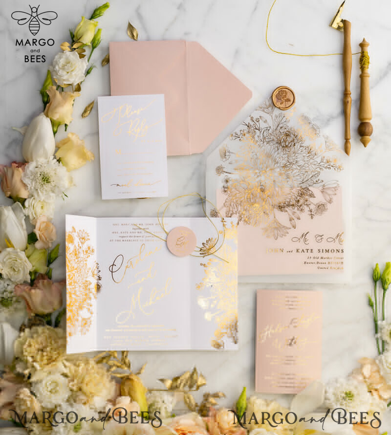 Rose Gold Luxury Wedding Invitations PocketFold  Glitter Invites , Vellum Envelope and Blush Pink Tag -22