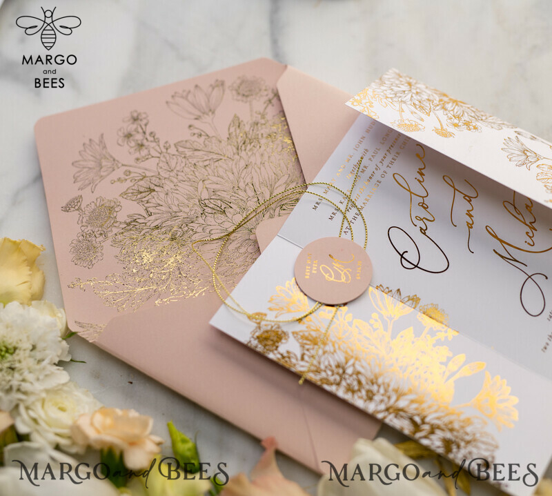 Rose Gold Luxury Wedding Invitations PocketFold  Glitter Invites , Vellum Envelope and Blush Pink Tag -24