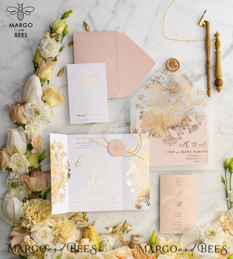 Rose Gold Luxury Wedding Invitations PocketFold  Glitter Invites , Vellum Envelope and Blush Pink Tag -28