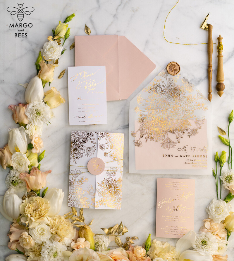 Rose Gold Luxury Wedding Invitations PocketFold  Glitter Invites , Vellum Envelope and Blush Pink Tag -30