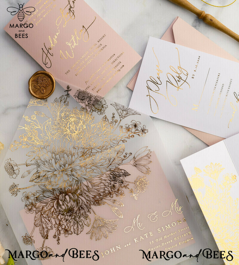 Rose Gold Luxury Wedding Invitations PocketFold  Glitter Invites , Vellum Envelope and Blush Pink Tag -31
