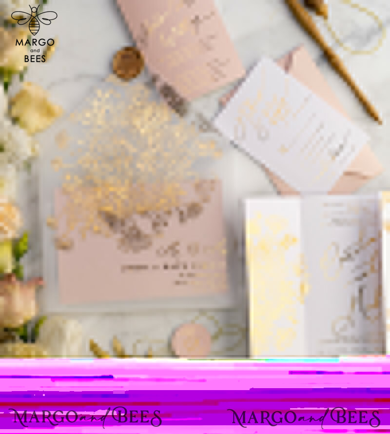 Rose Gold Luxury Wedding Invitations PocketFold  Glitter Invites , Vellum Envelope and Blush Pink Tag -32