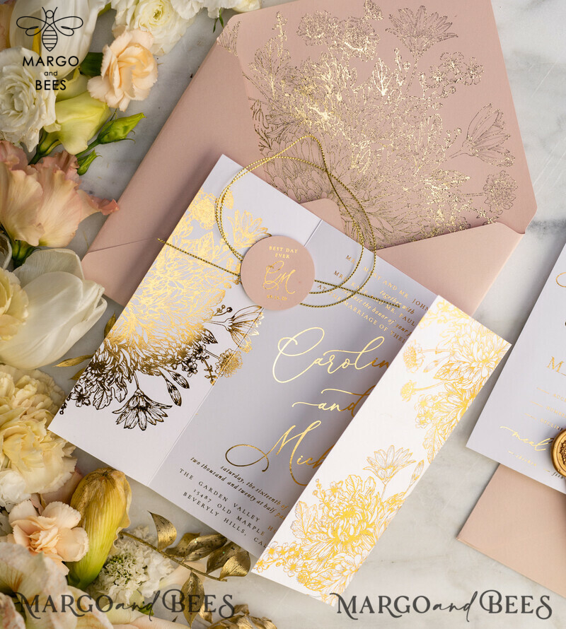 Luxury Arabic Golden Wedding Invitations, Glamour Gold Foil Wedding Invites, Romantic Blush Pink Wedding Cards, Bespoke Indian Wedding Stationery-33