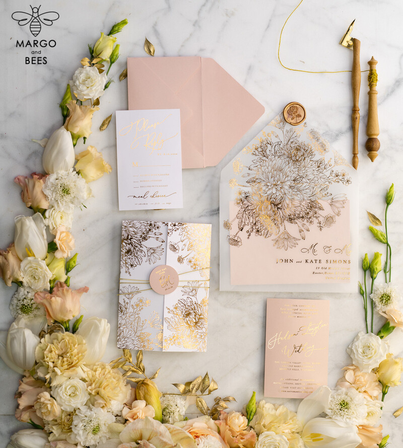 Luxury Arabic Golden Wedding Invitations, Glamour Gold Foil Wedding Invites, Romantic Blush Pink Wedding Cards, Bespoke Indian Wedding Stationery-36