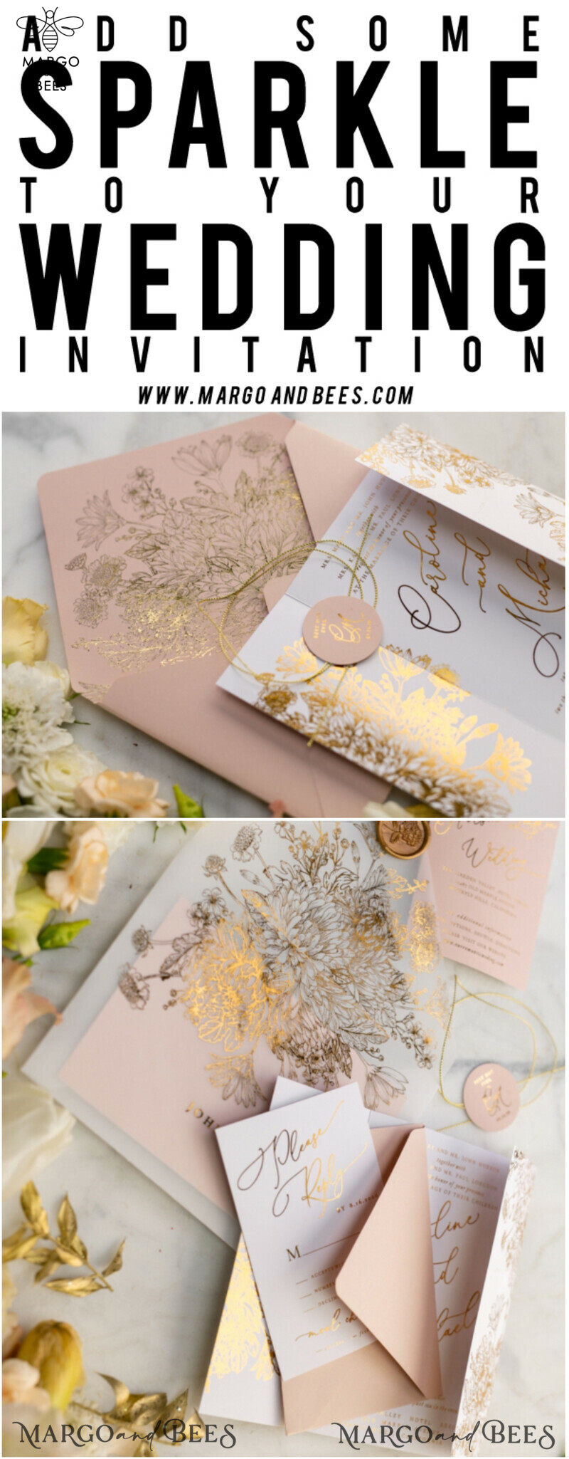 Rose Gold Luxury Wedding Invitations PocketFold  Glitter Invites , Vellum Envelope and Blush Pink Tag -41