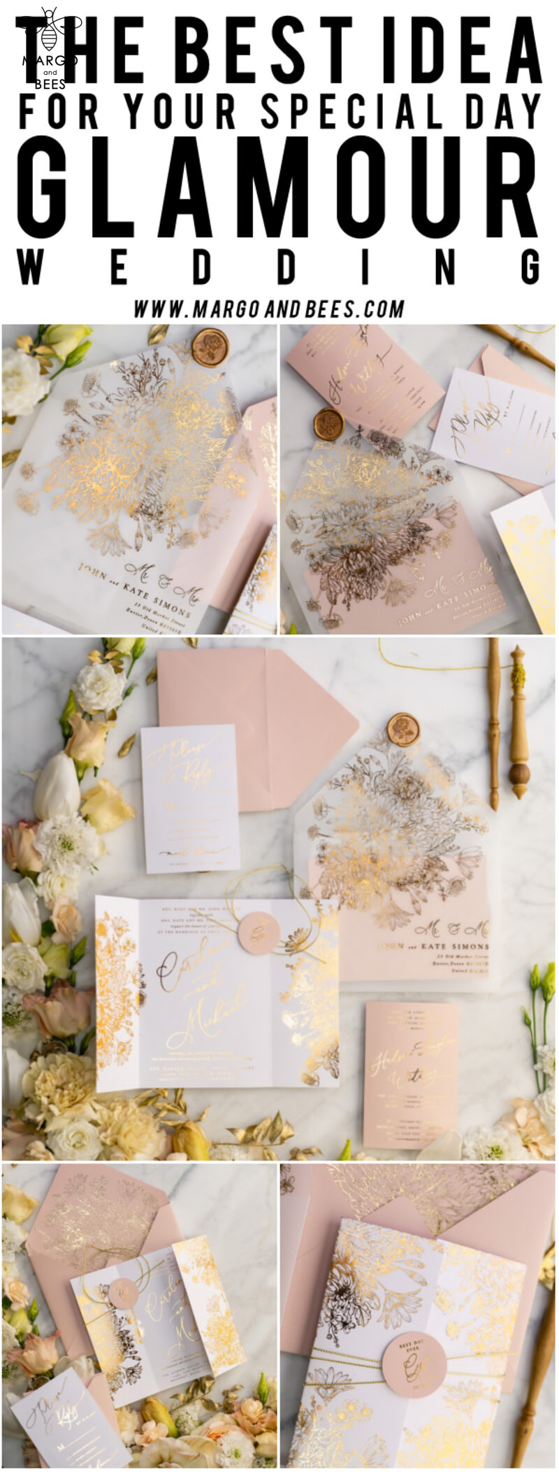 Rose Gold Luxury Wedding Invitations PocketFold  Glitter Invites , Vellum Envelope and Blush Pink Tag -42