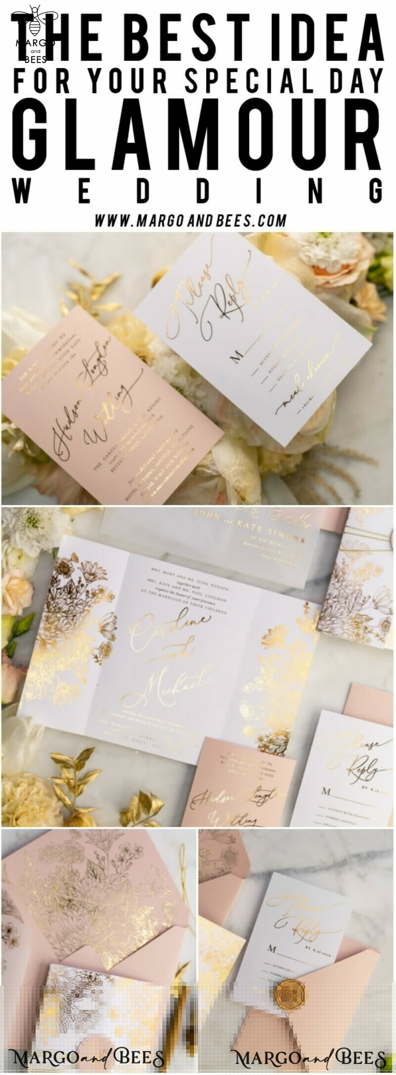 Rose Gold Luxury Wedding Invitations PocketFold  Glitter Invites , Vellum Envelope and Blush Pink Tag -45