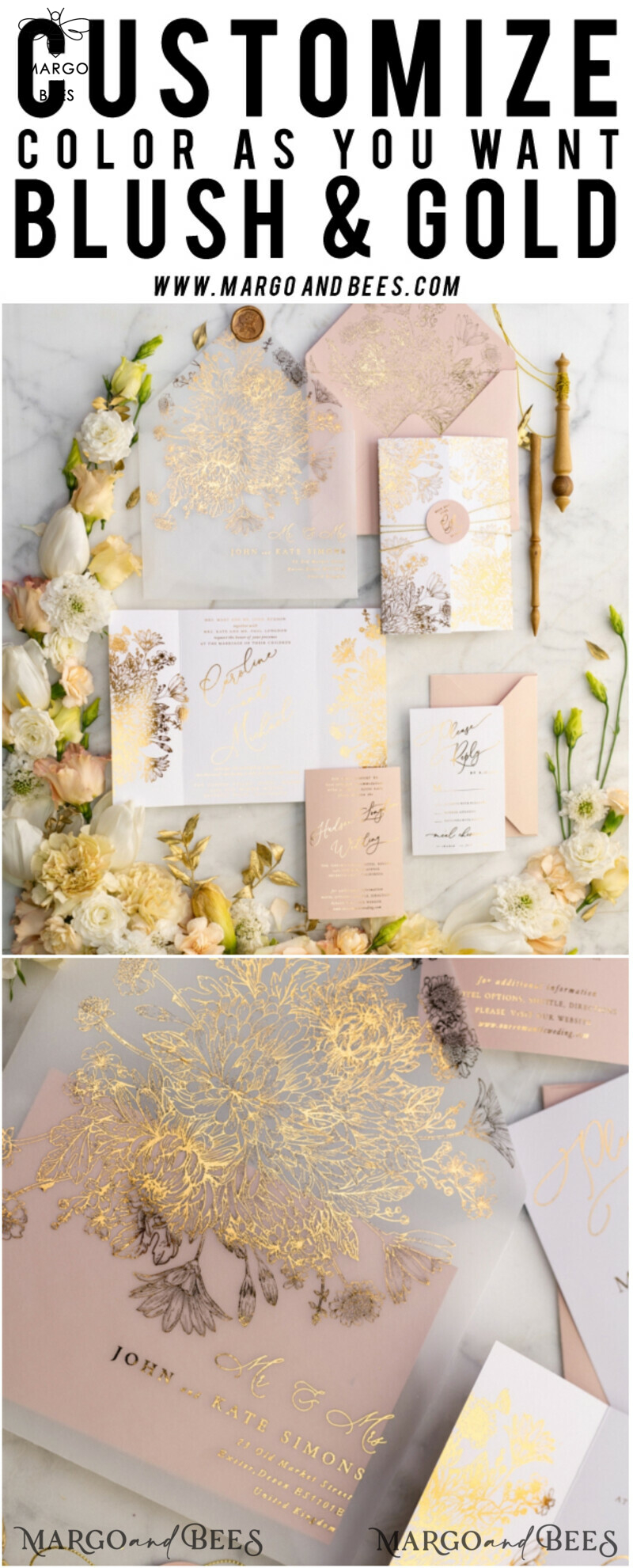 Rose Gold Luxury Wedding Invitations PocketFold  Glitter Invites , Vellum Envelope and Blush Pink Tag -46