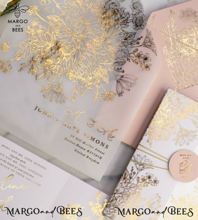 Rose Gold Luxury Wedding Invitations PocketFold  Glitter Invites , Vellum Envelope and Blush Pink Tag -5