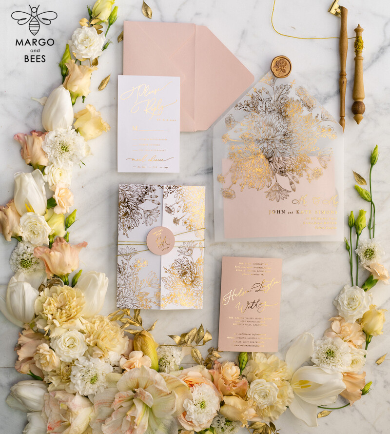 Luxury Arabic Golden Wedding Invitations, Glamour Gold Foil Wedding Invites, Romantic Blush Pink Wedding Cards, Bespoke Indian Wedding Stationery-0