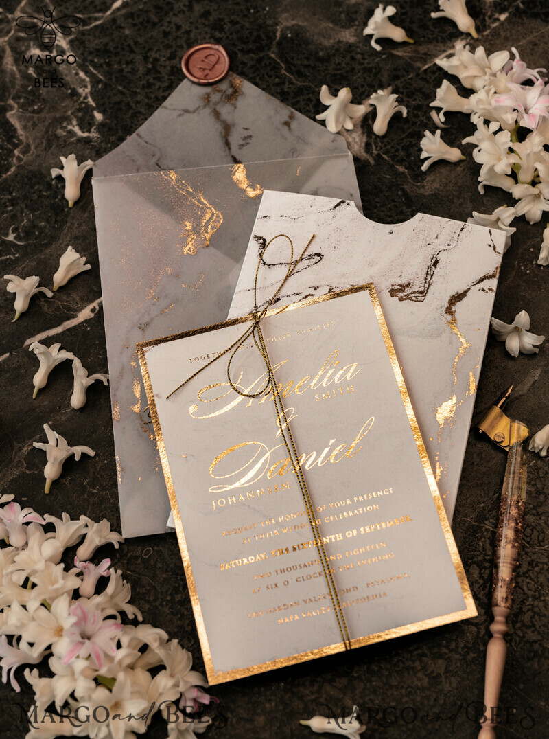 Luxury Gold Marble Wedding Invitations, Glamour Golden Shine Wedding Invites, Romantic Blush Pink Wedding Cards, Elegant Gold Foil Wedding Invitation Suite-1