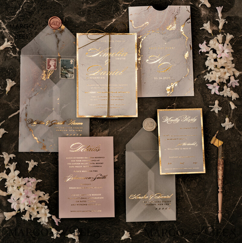 Luxury Gold Marble Wedding Invitations, Glamour Golden Shine Wedding Invites, Romantic Blush Pink Wedding Cards, Elegant Gold Foil Wedding Invitation Suite-10