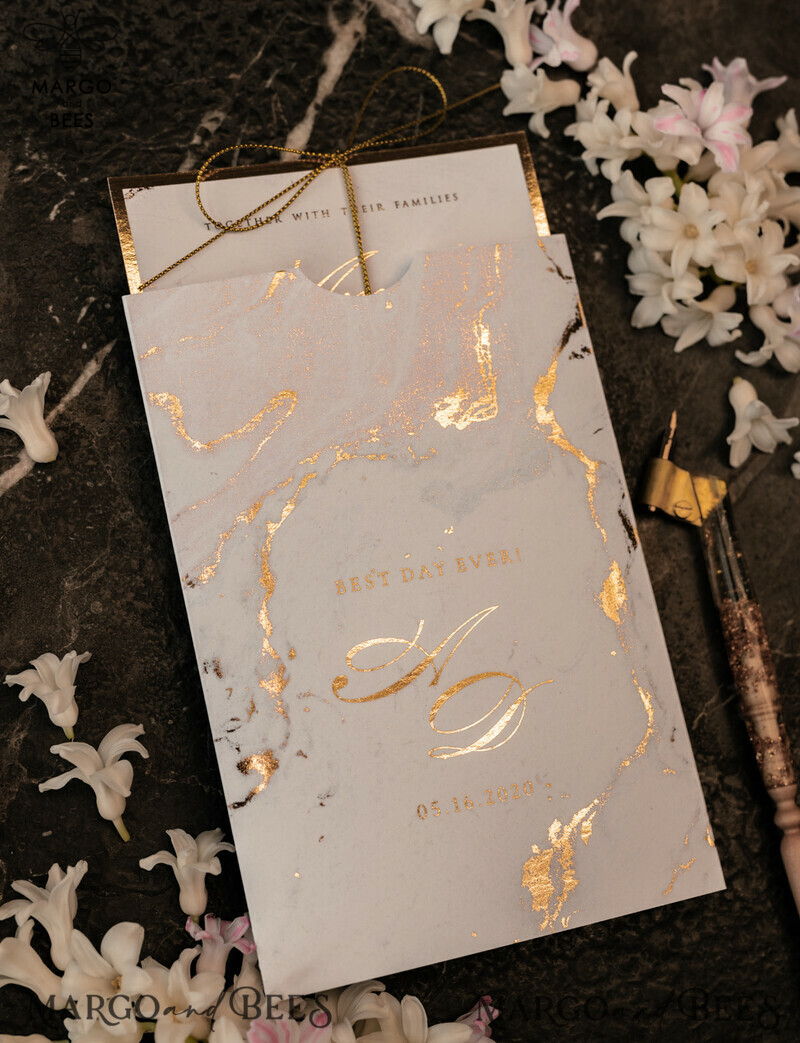 Gold Marble wedding invitation Suite, Luxury  Gold Wedding Cards, Pocket Wedding Invites with Vellum Envelope-11