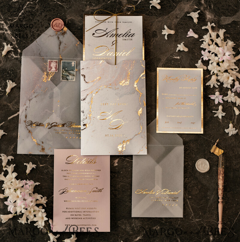 Gold Marble wedding invitation Suite, Luxury  Gold Wedding Cards, Pocket Wedding Invites with Vellum Envelope-15