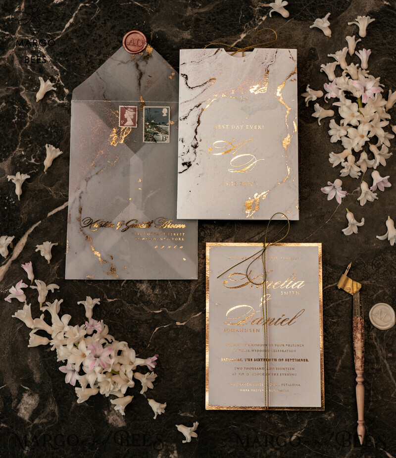 Gold Marble wedding invitation Suite, Luxury  Gold Wedding Cards, Pocket Wedding Invites with Vellum Envelope-16