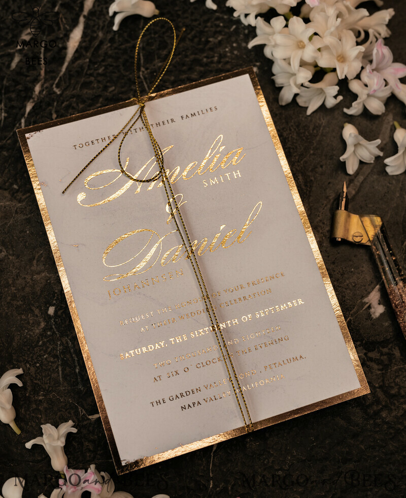 Gold Marble wedding invitation Suite, Luxury  Gold Wedding Cards, Pocket Wedding Invites with Vellum Envelope-17