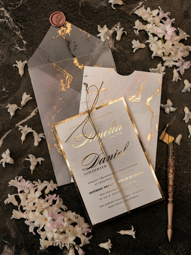 Gold Marble wedding invitation Suite, Luxury  Gold Wedding Cards, Pocket Wedding Invites with Vellum Envelope-20