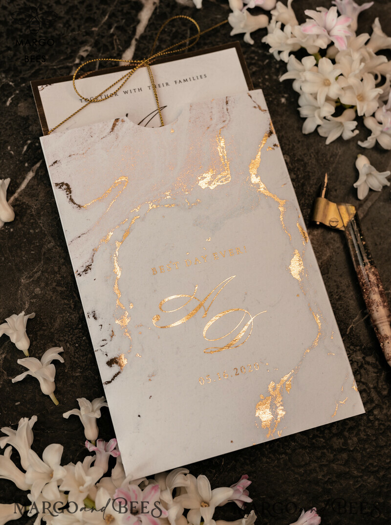 Gold Marble wedding invitation Suite, Luxury  Gold Wedding Cards, Pocket Wedding Invites with Vellum Envelope-21
