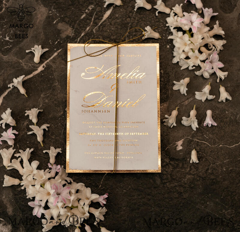 Gold Marble wedding invitation Suite, Luxury  Gold Wedding Cards, Pocket Wedding Invites with Vellum Envelope-29