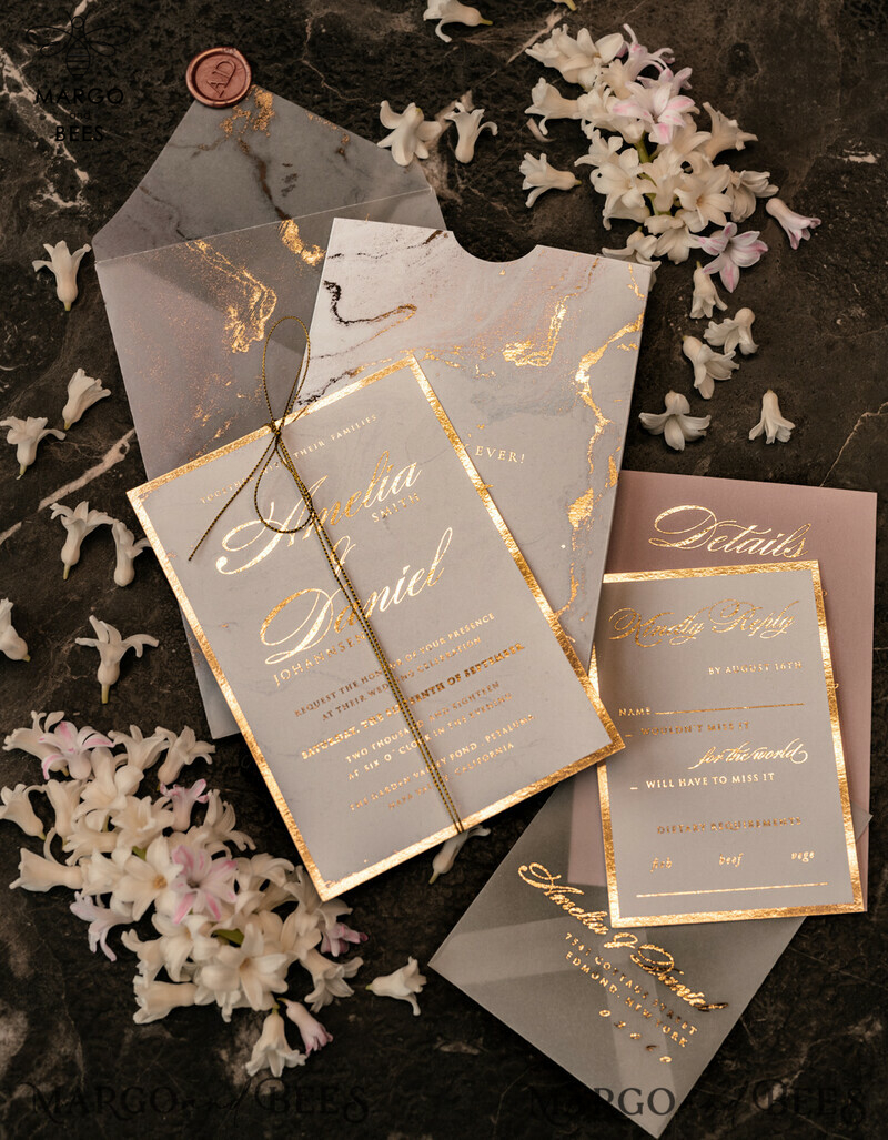 Luxury Gold Marble Wedding Invitations, Glamour Golden Shine Wedding Invites, Romantic Blush Pink Wedding Cards, Elegant Gold Foil Wedding Invitation Suite-3