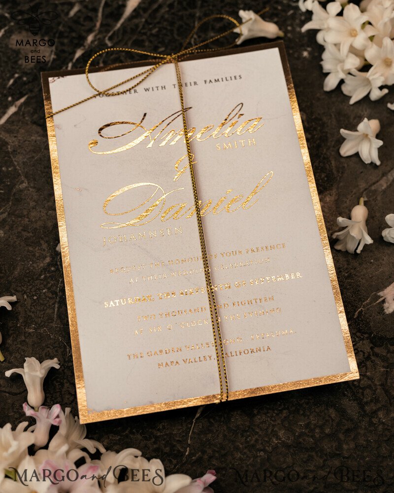 Gold Marble wedding invitation Suite, Luxury  Gold Wedding Cards, Pocket Wedding Invites with Vellum Envelope-30