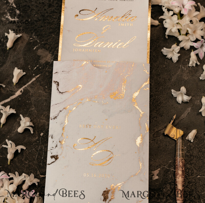 Gold Marble wedding invitation Suite, Luxury  Gold Wedding Cards, Pocket Wedding Invites with Vellum Envelope-34