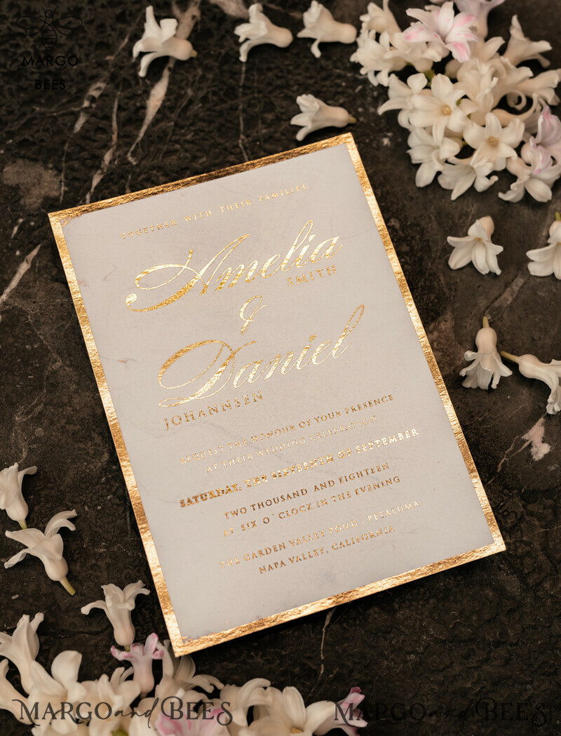 Gold Marble wedding invitation Suite, Luxury  Gold Wedding Cards, Pocket Wedding Invites with Vellum Envelope-5