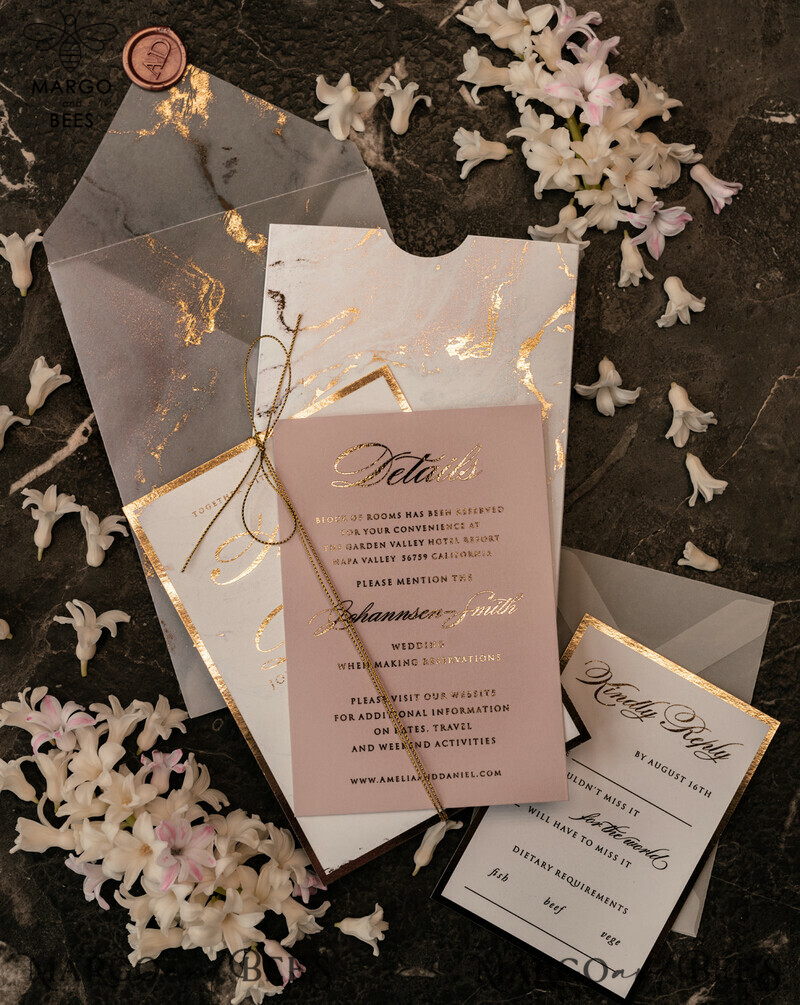 Gold Marble wedding invitation Suite, Luxury  Gold Wedding Cards, Pocket Wedding Invites with Vellum Envelope-7