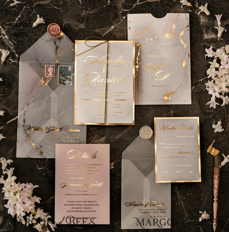 Gold Marble wedding invitation Suite, Luxury  Gold Wedding Cards, Pocket Wedding Invites with Vellum Envelope-8