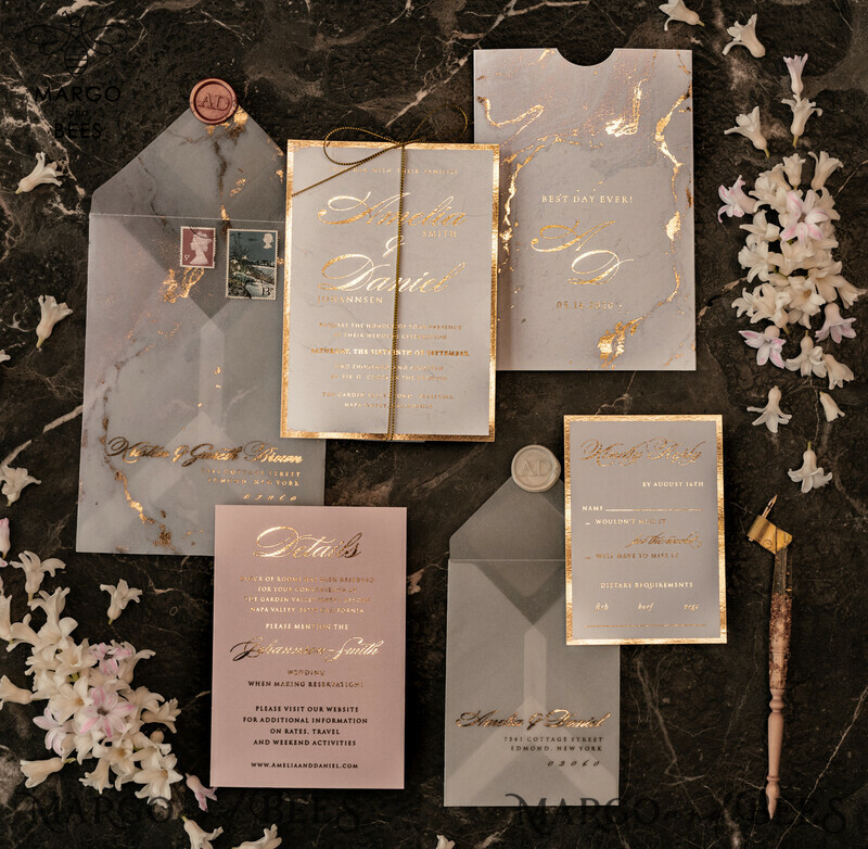 Gold Marble wedding invitation Suite, Luxury  Gold Wedding Cards, Pocket Wedding Invites with Vellum Envelope-9