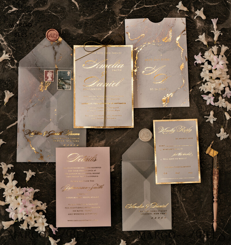 Gold Marble wedding invitation Suite, Luxury  Gold Wedding Cards, Pocket Wedding Invites with Vellum Envelope-0