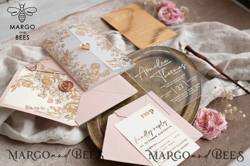 Stunning Bespoke Acrylic Blush Pink Gold Wedding Invitations: Glamour meets Elegance-4