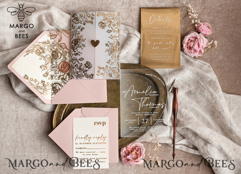 Stunning Bespoke Acrylic Blush Pink Gold Wedding Invitations: Glamour meets Elegance-5