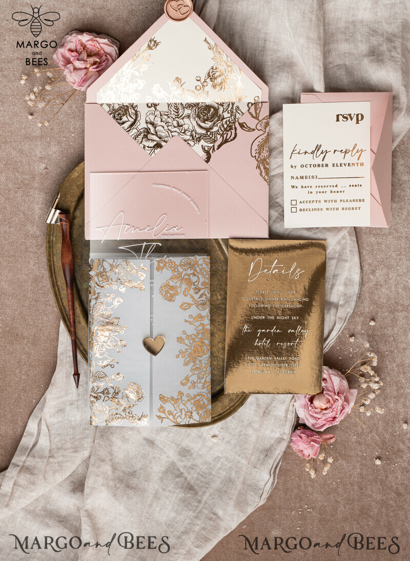 Stunning Bespoke Acrylic Blush Pink Gold Wedding Invitations: Glamour meets Elegance-0