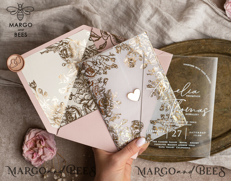 Stunning Bespoke Acrylic Blush Pink Gold Wedding Invitations: Glamour meets Elegance-2