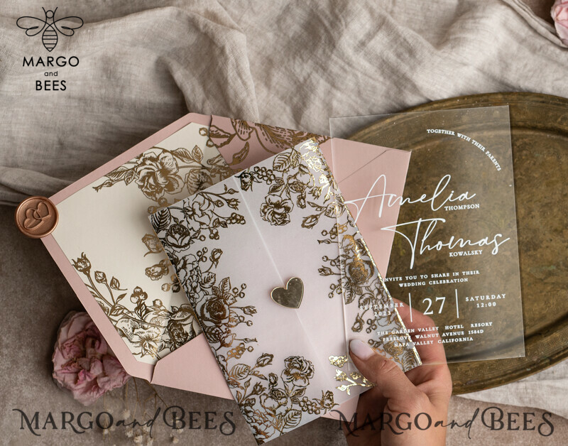 Stunning Bespoke Acrylic Blush Pink Gold Wedding Invitations: Glamour meets Elegance-14
