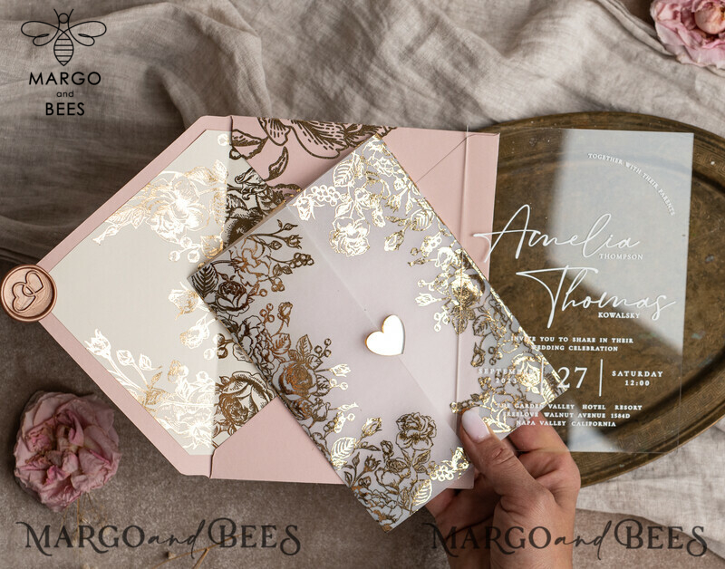 Stunning Bespoke Acrylic Blush Pink Gold Wedding Invitations: Glamour meets Elegance-15