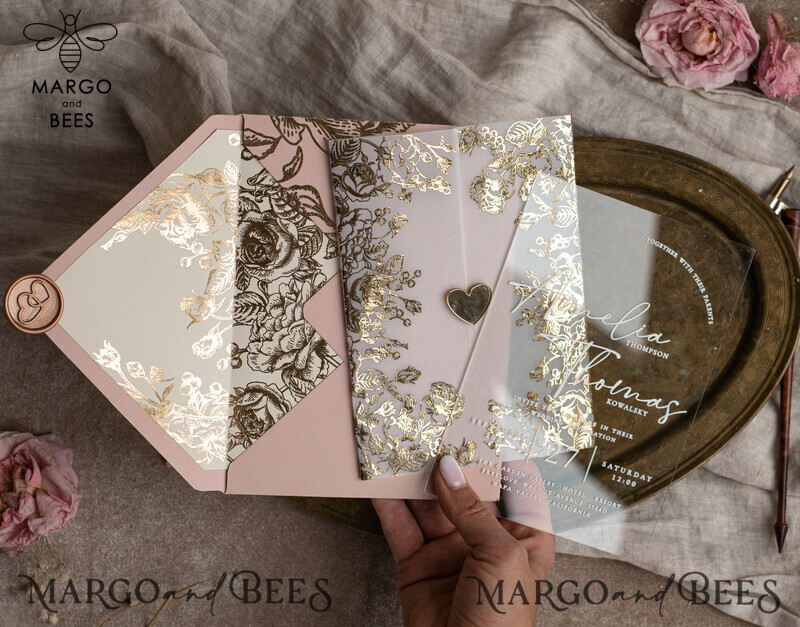 Stunning Bespoke Acrylic Blush Pink Gold Wedding Invitations: Glamour meets Elegance-16