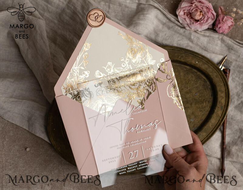 Stunning Bespoke Acrylic Blush Pink Gold Wedding Invitations: Glamour meets Elegance-17