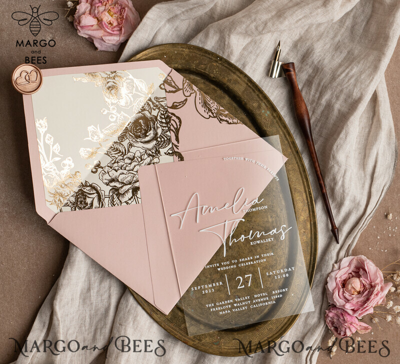 Stunning Bespoke Acrylic Blush Pink Gold Wedding Invitations: Glamour meets Elegance-18