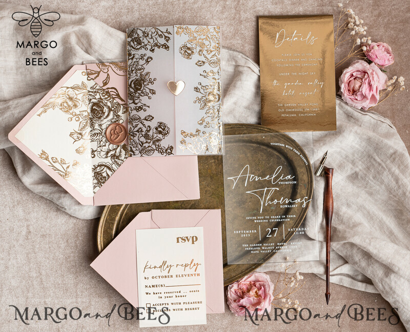 Stunning Bespoke Acrylic Blush Pink Gold Wedding Invitations: Glamour meets Elegance-1