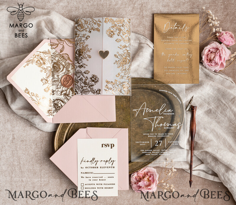 Stunning Bespoke Acrylic Blush Pink Gold Wedding Invitations: Glamour meets Elegance-6