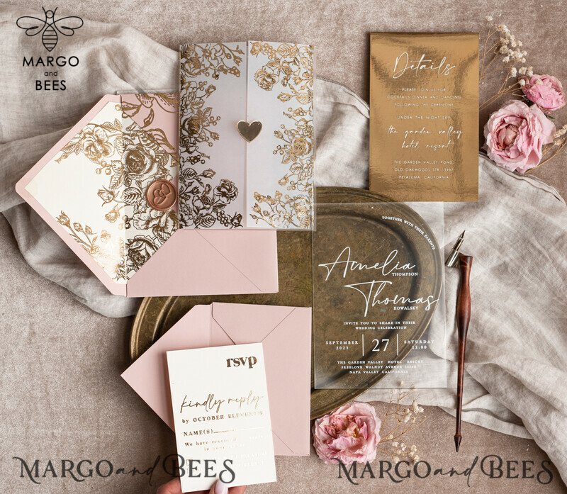Stunning Bespoke Acrylic Blush Pink Gold Wedding Invitations: Glamour meets Elegance-7