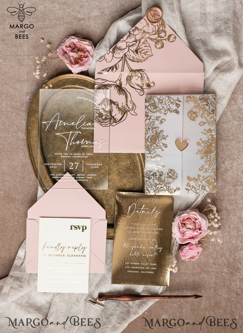 Stunning Bespoke Acrylic Blush Pink Gold Wedding Invitations: Glamour meets Elegance-8