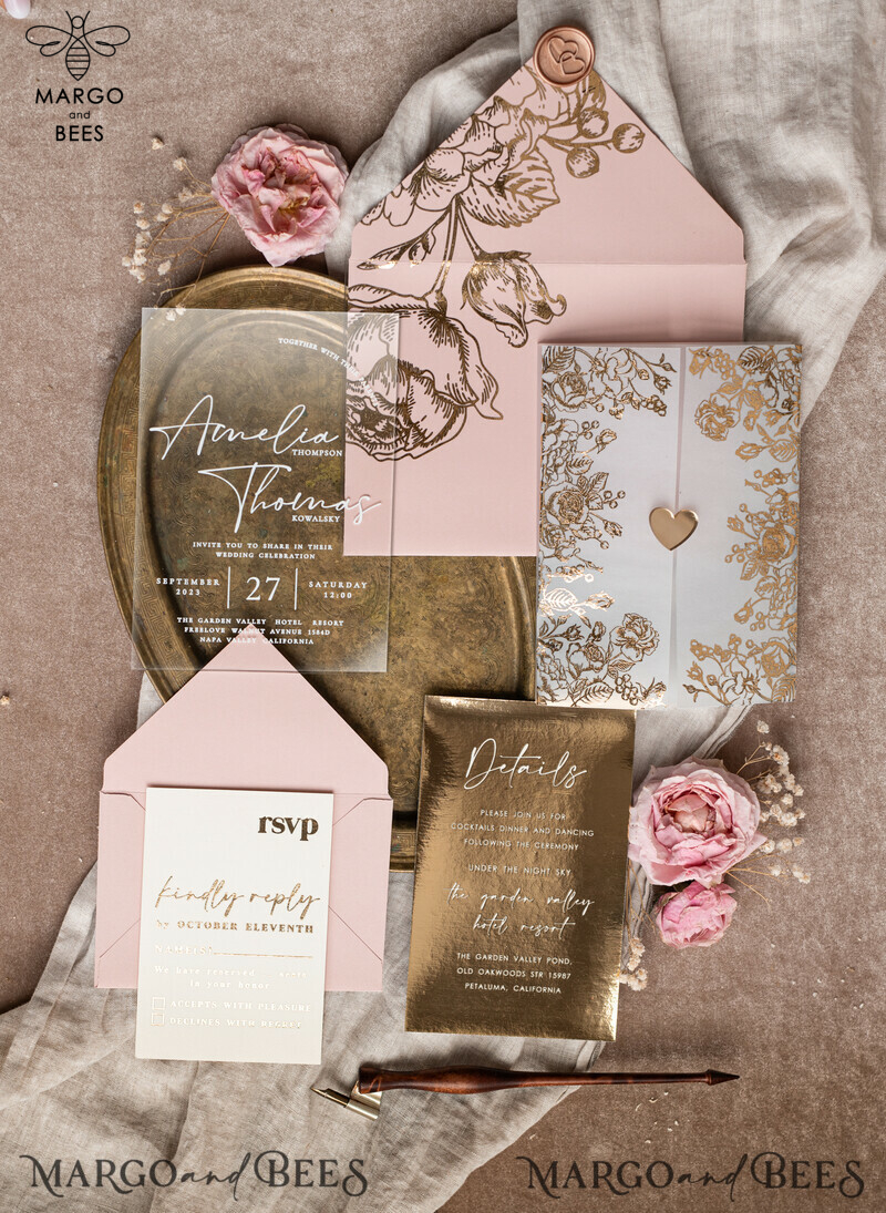 Stunning Bespoke Acrylic Blush Pink Gold Wedding Invitations: Glamour meets Elegance-9