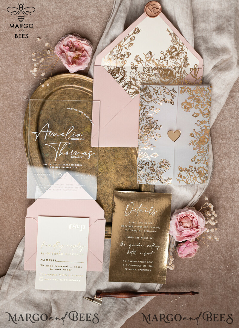 Stunning Bespoke Acrylic Blush Pink Gold Wedding Invitations: Glamour meets Elegance-10
