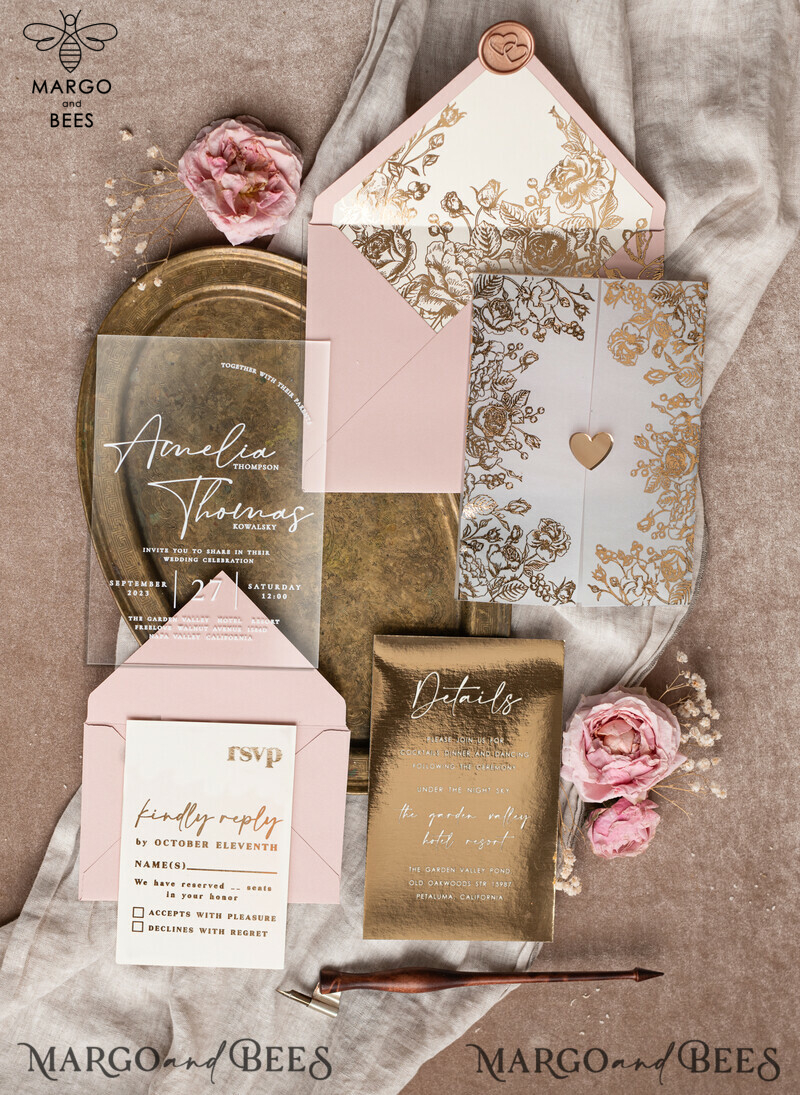 Stunning Bespoke Acrylic Blush Pink Gold Wedding Invitations: Glamour meets Elegance-11
