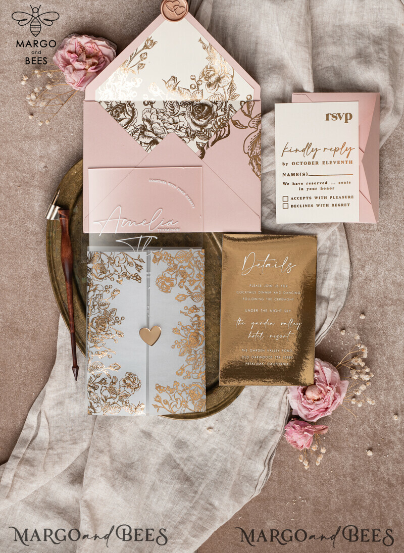 Stunning Bespoke Acrylic Blush Pink Gold Wedding Invitations: Glamour meets Elegance-12