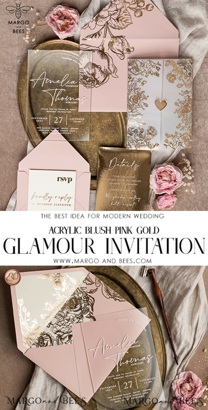Stunning Bespoke Acrylic Blush Pink Gold Wedding Invitations: Glamour meets Elegance-3