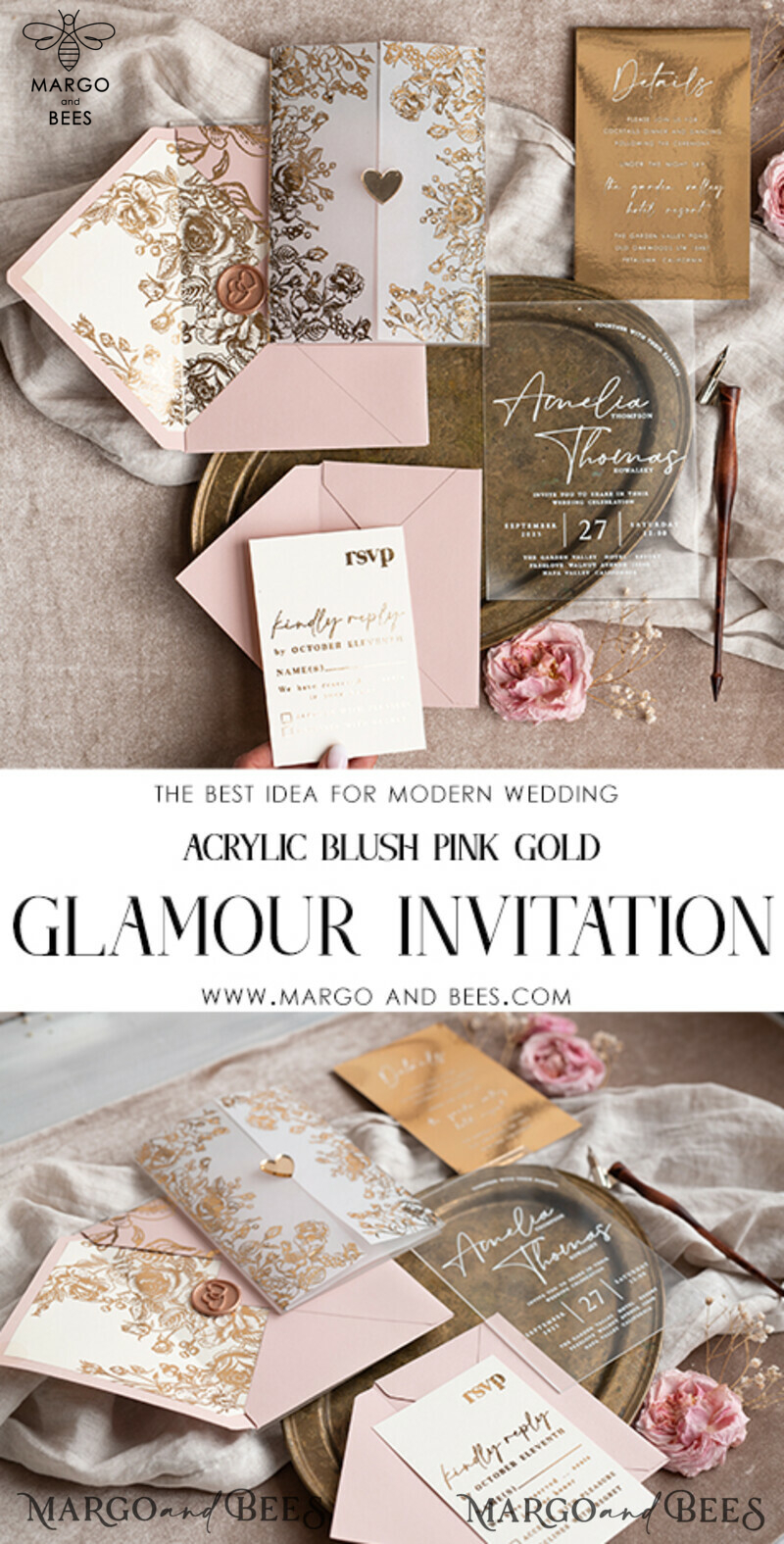 Stunning Bespoke Acrylic Blush Pink Gold Wedding Invitations: Glamour meets Elegance-13